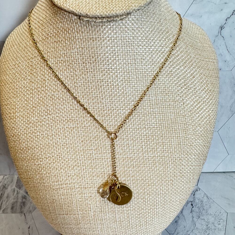 Nashelle Gold Tone Luck Necklace Wish Bone Gem Pendant Chain 24" Dainty EUC